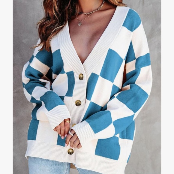 Blue and White Checkered Women's Sweater - Picture 2 of 11